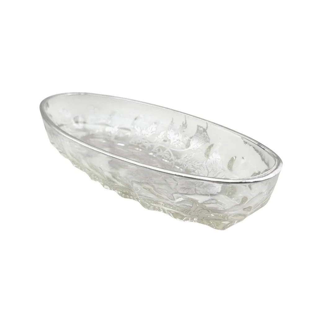 Vtg Frosted Etched Floral Relish Dish Celery Tray Poppy Serving Bowl Cottagecore
